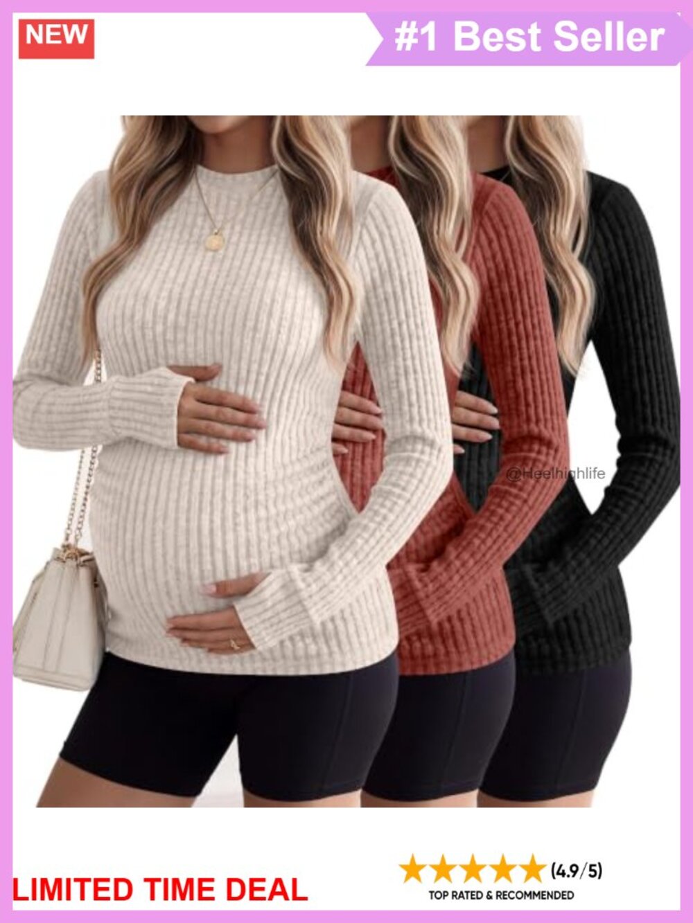 Maternity Turtleneck Shirts Ribbed Knit Tunic Mock Neck Thumbhole 3 Pack